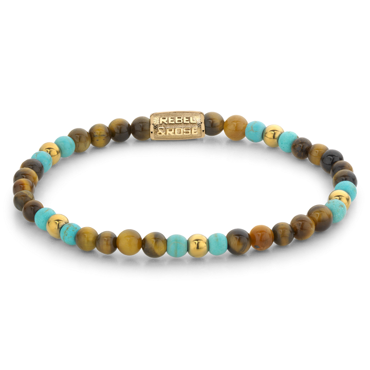 De Rebel & Rose Mix Tiger Turquoise Kralen Armband Dames heeft 4 mm turquoise, bruine en beige kralen met een 18 kt geelgouden geïoniseerde sluiting, perfect voor dames sieraden liefhebbers.