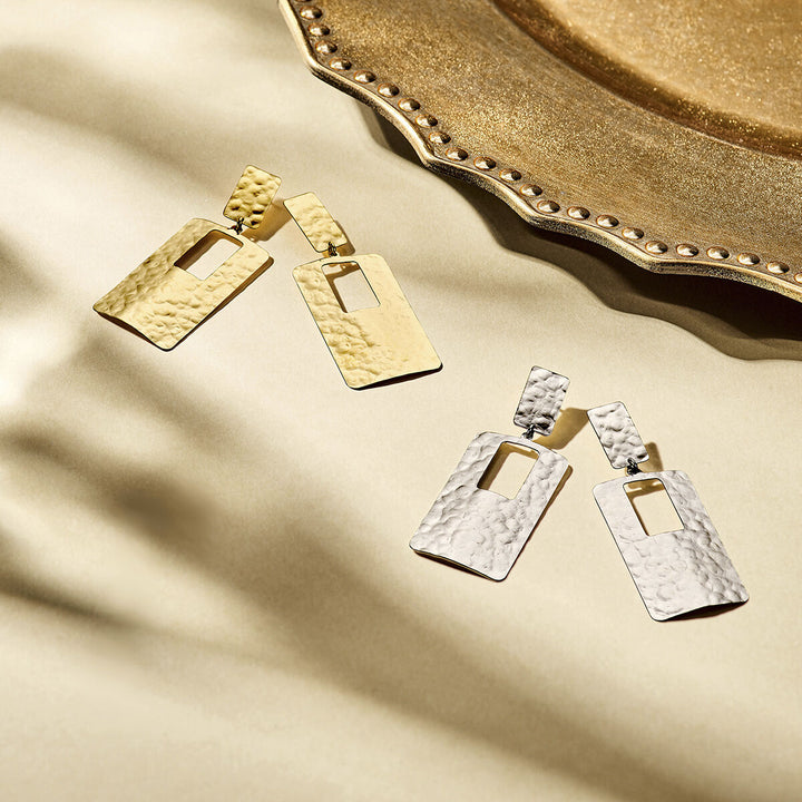 earrings rectangle hammered silver rhodium plated