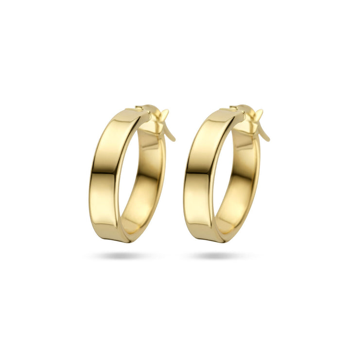 De oorringen 14K geelgoud van Van der Kooij Collectie hebben een gepolijste, glanzende afwerking en een scharnierende sluiting: elegante damesoorbellen die bij elke gelegenheid passen, weergegeven tegen een witte achtergrond.