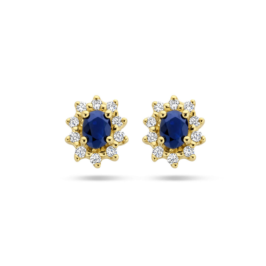 oorknoppen saffier en zirkonia halo 14K geelgoud
