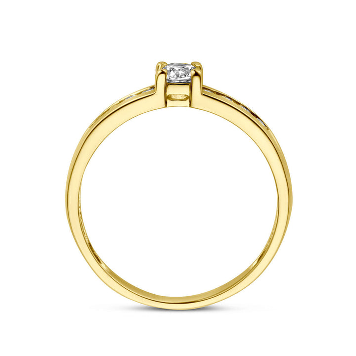 De Van der Kooij Collectie ring zirkonia 14K geelgoud heeft een enkele ronde zirkonia in een minimalistische prong zetting, weergegeven van de zijkant tegen een witte achtergrond.