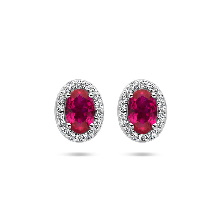 ear studs red and white zirconia halo silver rhodium plated