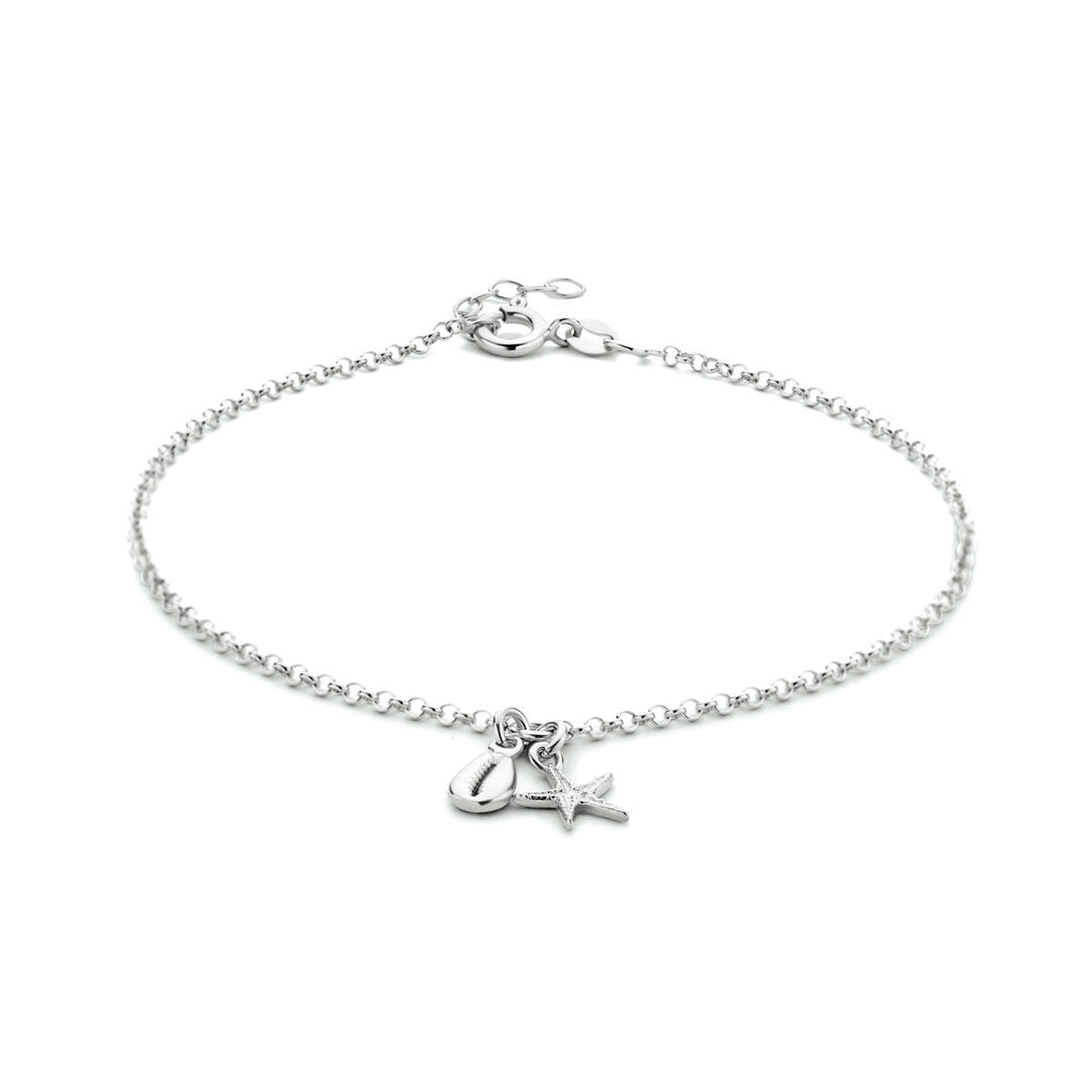 enkelbandje schelp en zeester 24 + 2 cm zilver gerhodineerd
