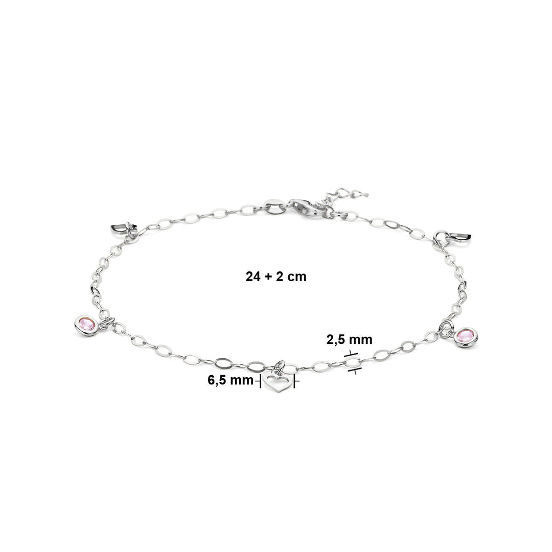 silver anklet heart and pink zirconia 24 + 2 cm