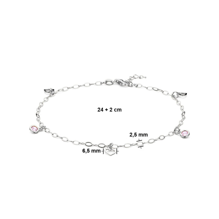 silver anklet heart and pink zirconia 24 + 2 cm