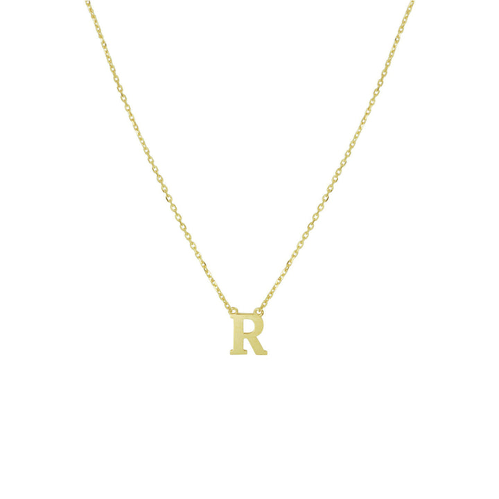 De Gouden dames ketting letter 14K uit de Van der Kooij Collectie heeft een gepersonaliseerde R-hanger, ideaal als cadeau voor dames en elegant gepresenteerd op een witte achtergrond.