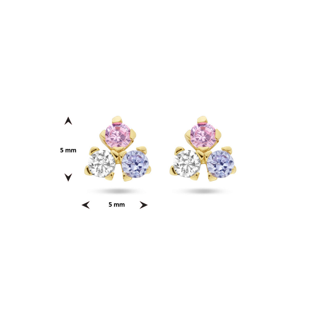 ear studs blue, pink and white zirconia 14K yellow gold