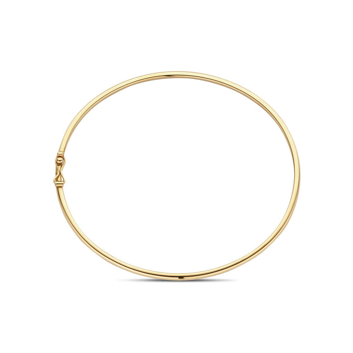 De bangle dop ronde buis 2,4 mm 60 x 52 mm in 14K geelgoud van Van der Kooij Collectie is een minimalistische sieraad, elegant van ontwerp en prachtig gepresenteerd tegen een witte achtergrond.
