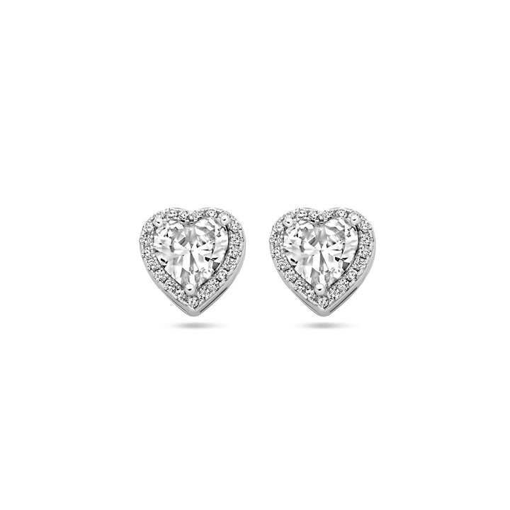 ear studs heart zirconia halo silver rhodium plated