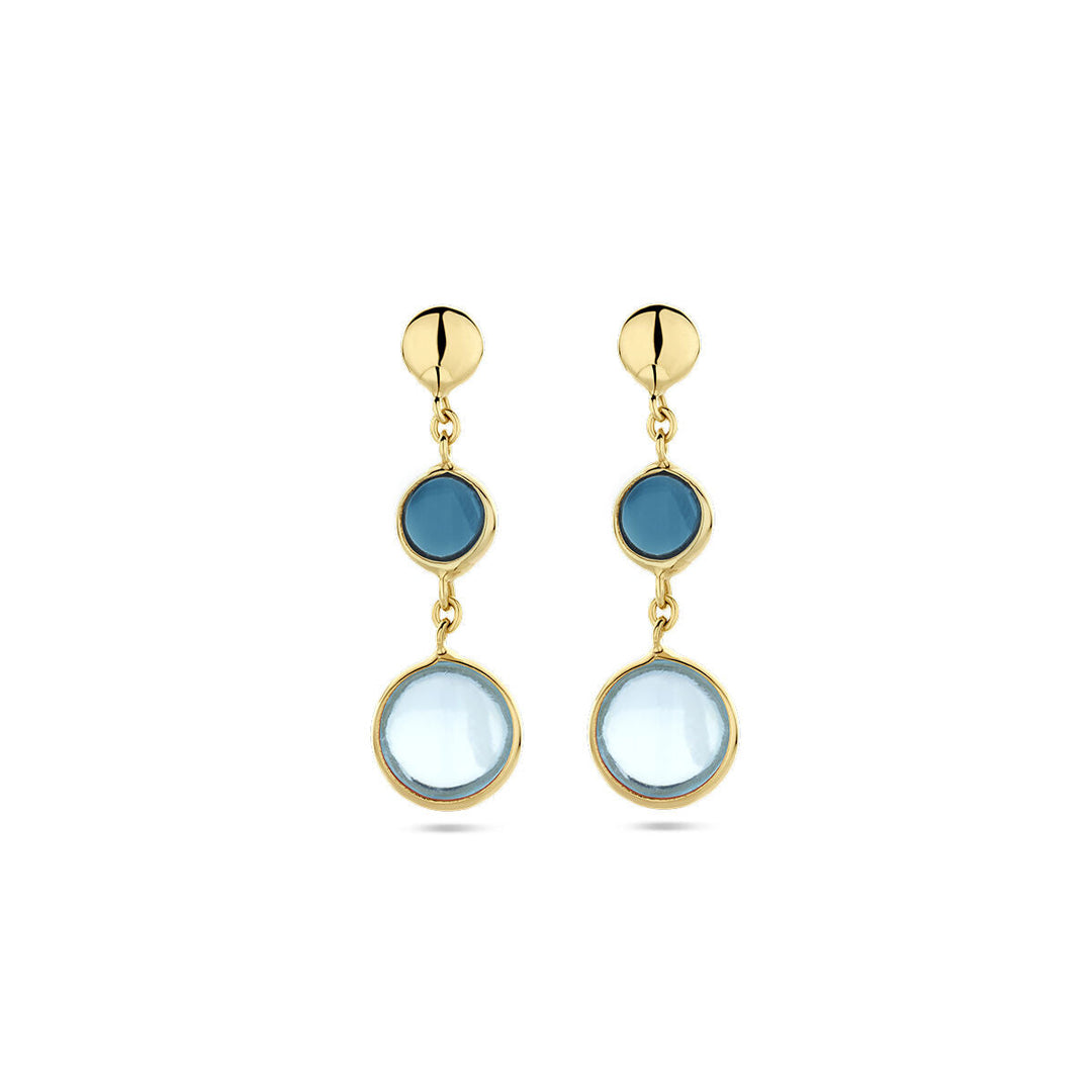 oorhangers blauw topaas en london blue topaas 14K geelgoud