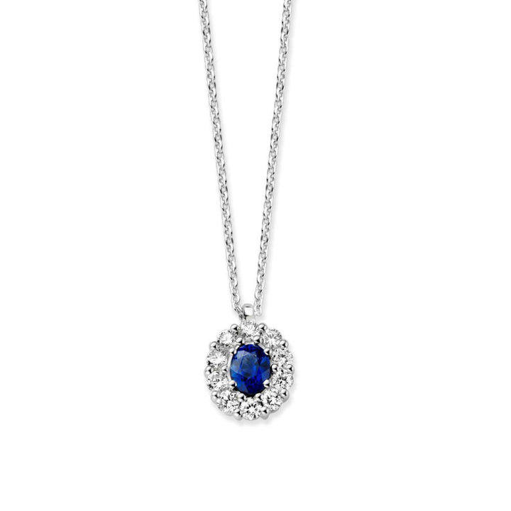 Witgouden collier met entourage hanger en saffier - 14 karaat