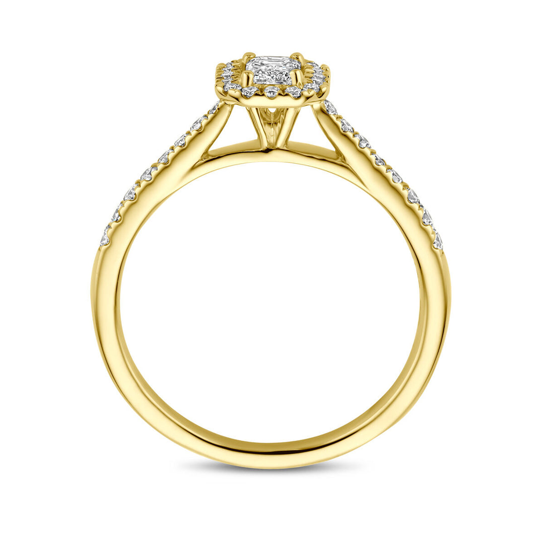 De Van der Kooij Collectie ring lab grown diamant 0,48ct h si in 14K geelgoud heeft een verhoogd vierkant clusterontwerp met accentdiamanten langs de band, waardoor een elegante look ontstaat vanaf de zijkant.
