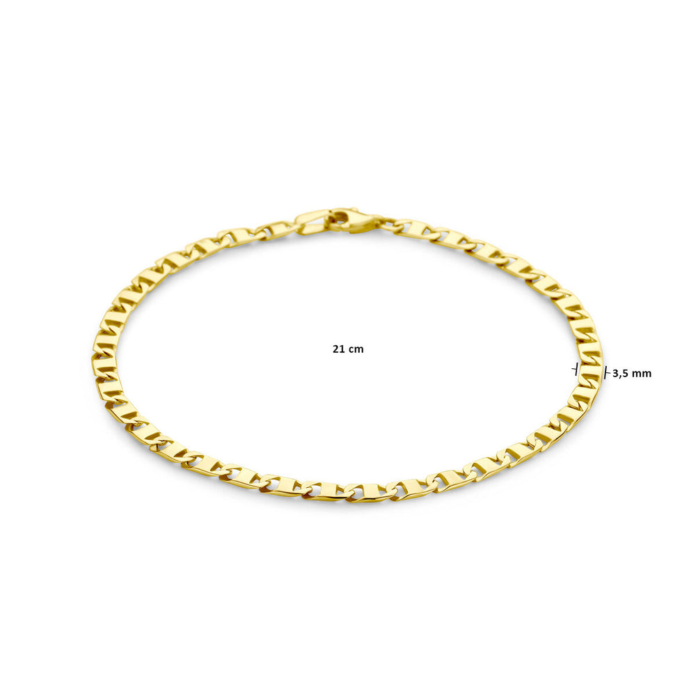 De Van der Kooij Collectie armband 3,5 mm 14K geelgoud heeft platte, rechthoekige ankerschakels en meet 21 cm lang bij 3,5 mm breed, afgebeeld op een witte achtergrond.