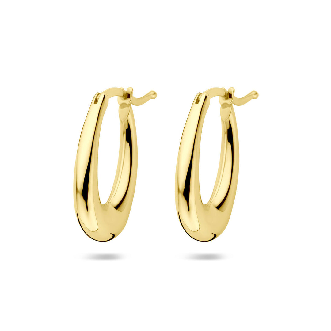 Oorringen 14K geelgoud van Van der Kooij Collectie: ovale, ovaalvormige hoops met scharniersluiting op een witte achtergrond - ideaal voor dames die houden van elegante stijl.