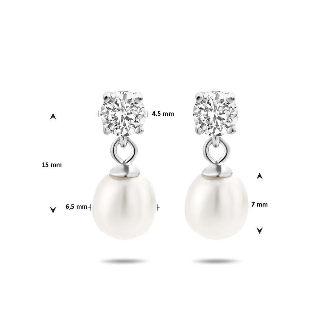 zirconia and pearl silver rhodium plated earrings