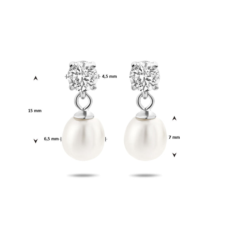 zirconia and pearl silver rhodium plated earrings