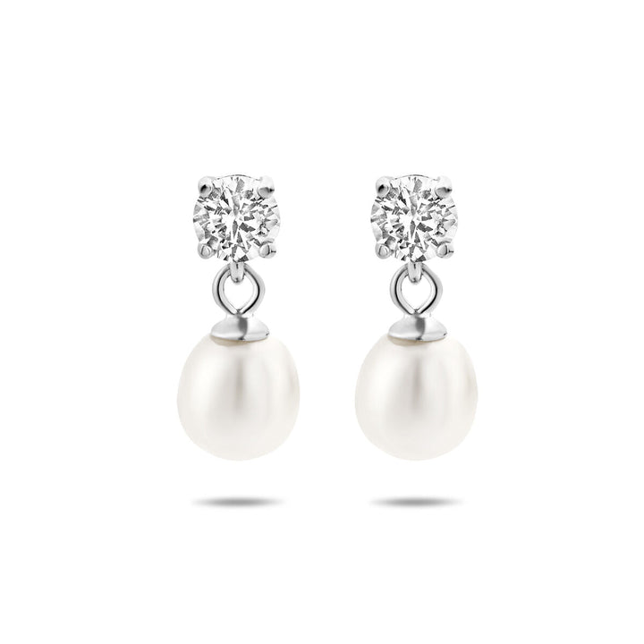 zirconia and pearl silver rhodium plated earrings