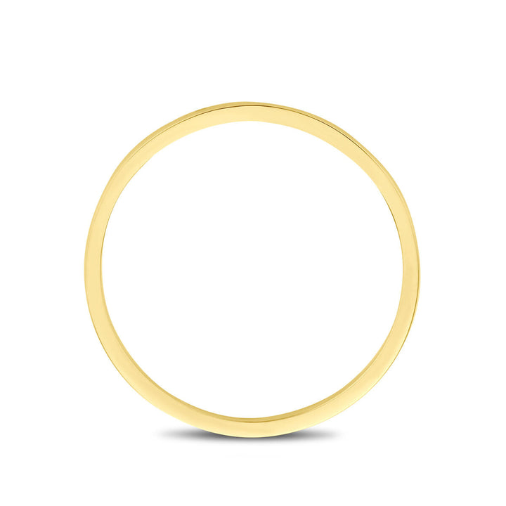 Een strakke, dunne ring 14K geelgoud van Van der Kooij Collectie staat rechtop op een witte achtergrond en werpt daaronder een zachte schaduw.