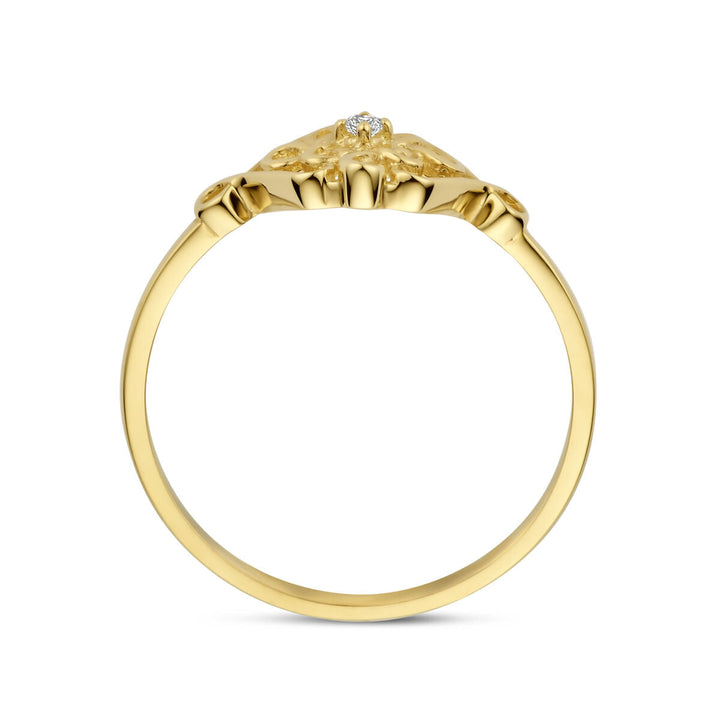 De Van der Kooij Collectie ring zirkonia 14K geelgoud heeft een gestructureerde, sierlijke zetting en een centrale zirkoniasteen: een elegante keuze voor iedereen die op zoek is naar unieke damesringen in goud.