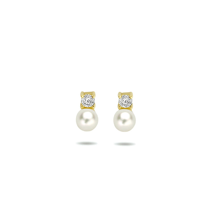 ear studs pearl and zirconia 14K yellow gold