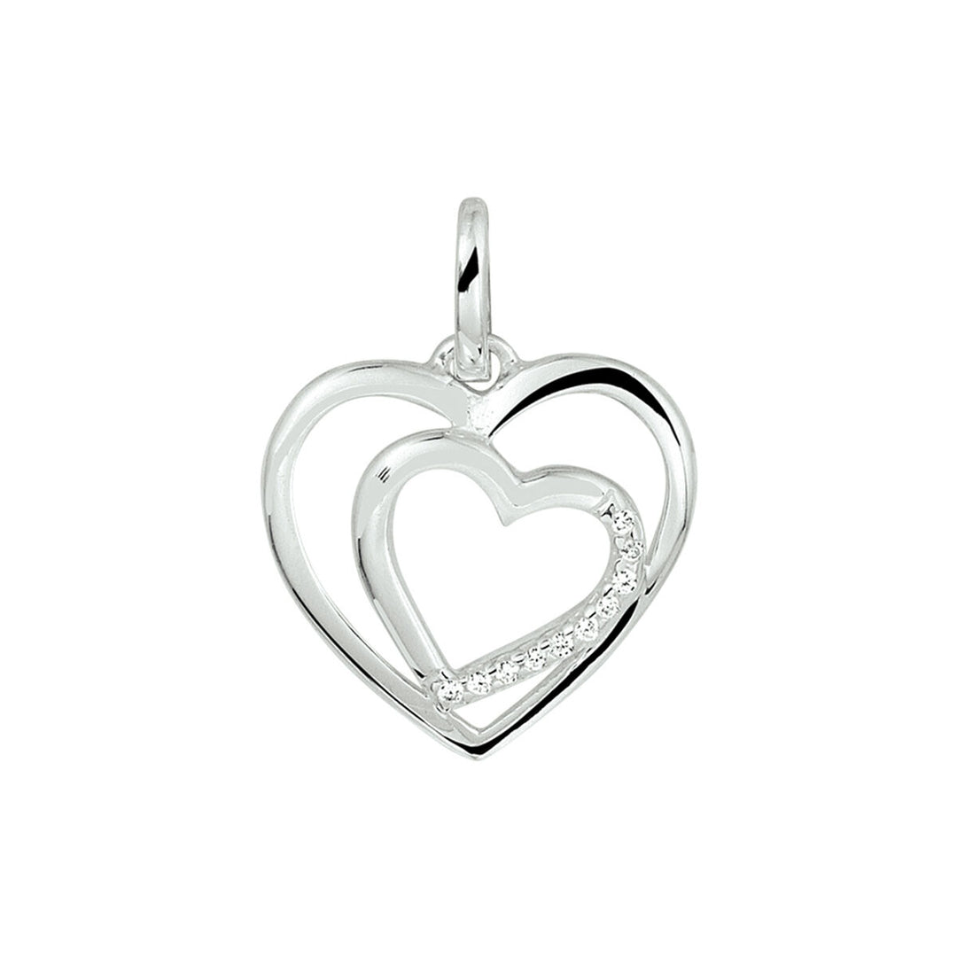 De Van der Kooij Collectie hanger hart zirkonia zilver gerhodineerd heeft twee overlappende open harten en een rij fonkelende zirkonia-een elegante dames sieraad voor elke gelegenheid.