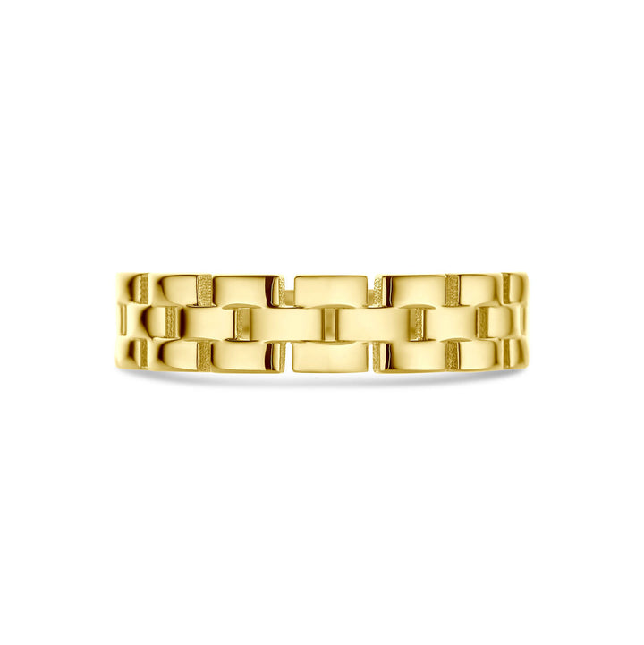 De Van der Kooij Collectie ring schakel 14K geelgoud is een unisex ring met rechthoekig schakelpatroon in gepolijste en getextureerde afwerking, die tijdloze elegantie uitstraalt en te zien is tegen een witte achtergrond.