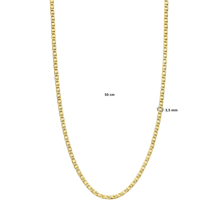 De Gouden ketting heren - collier 3,5 mm 14K van de Van der Kooij Collectie wordt getoond tegen een witte achtergrond; lengte (50 cm) en breedte (3,5 mm) staan in zwarte tekst vermeld.