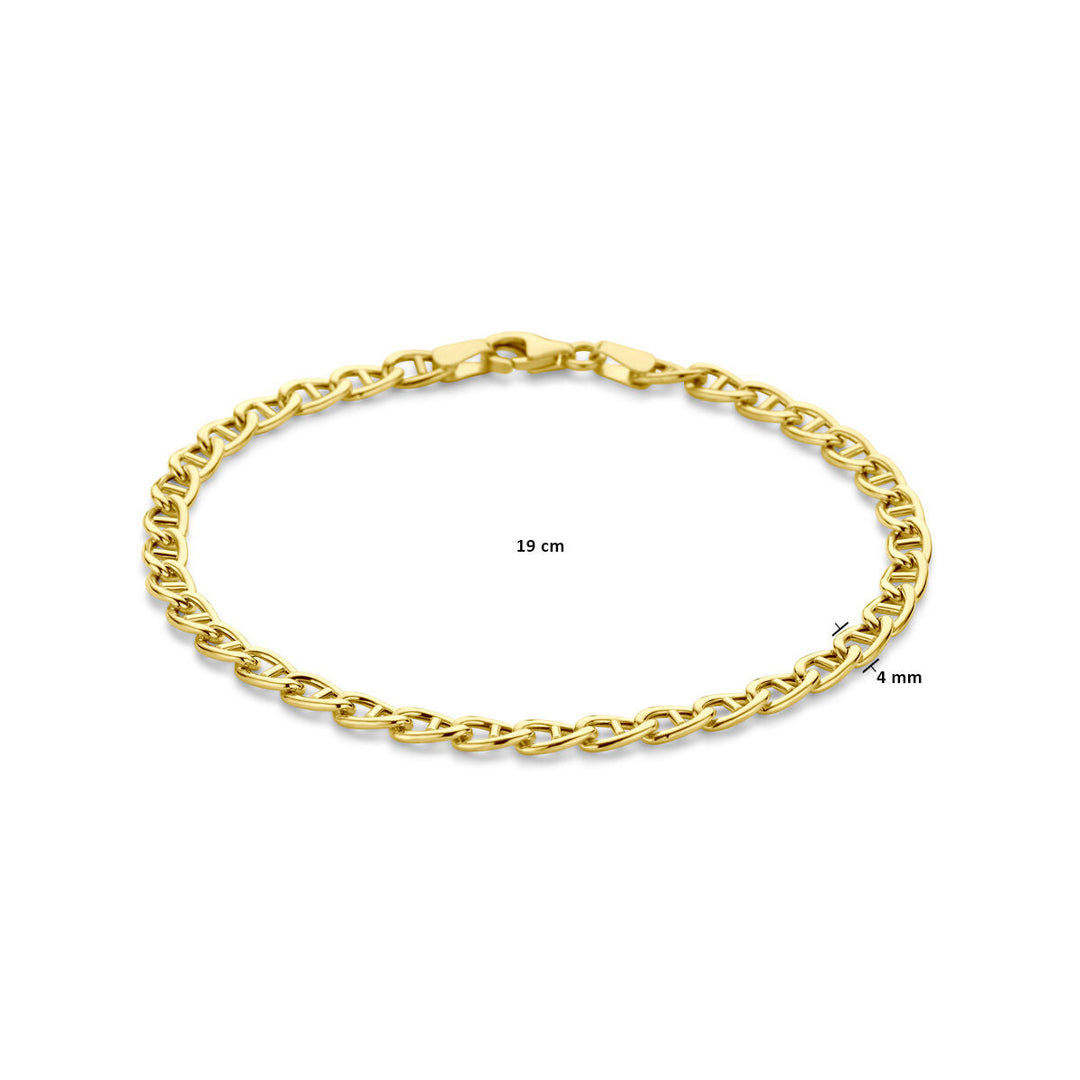 De armband 4,0 mm 19 cm 14K geelgoud uit de Van der Kooij Collectie is een stijlvolle damesarmband met stevige sluiting, effectief getoond op een witte achtergrond.