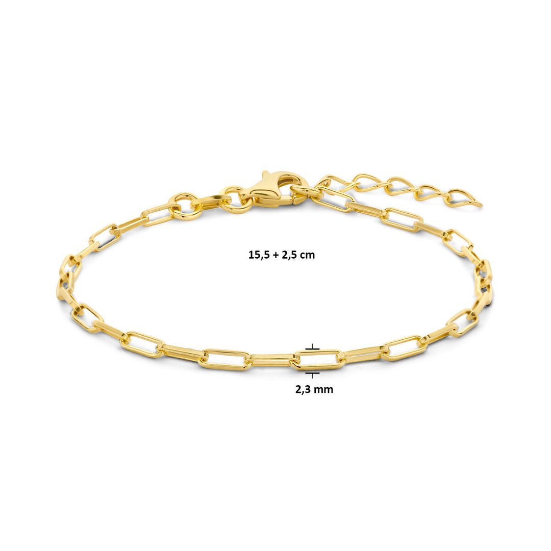 bracelet paper clip square tube 2.3 mm 15.5 + 2.5 cm 3 micron silver gold plated (yellow)