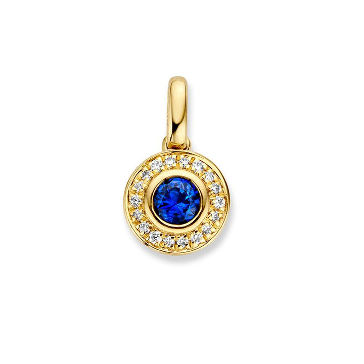 Geelgouden Entourage Hanger met Briljant Geslepen Saffier en Diamant  14 Karaat Goud