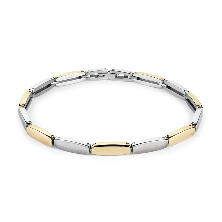 De Boccia Titanium Armband Bicolor 03063-02 heeft afwisselend gouden en zilveren rechthoekige schakels met ronde sluitingen, elegant weergegeven in een ronde vorm tegen een witte achtergrond.