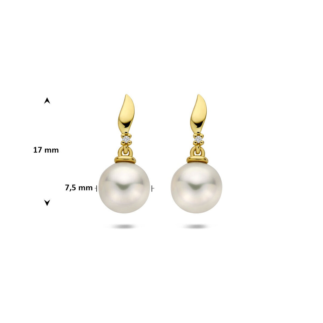 Gouden oorhangers met diamant en parel – 14k geelgoud