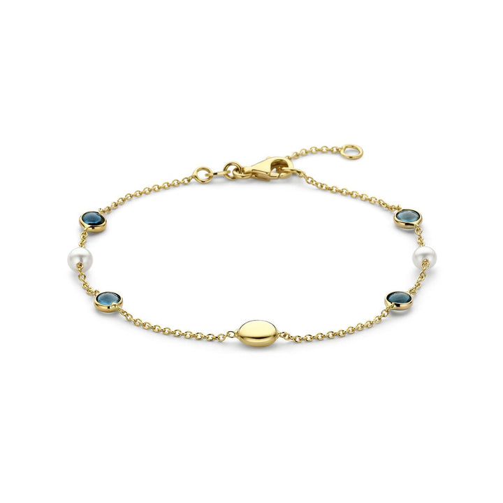 14k geelgouden armband met parels en London blue topaas