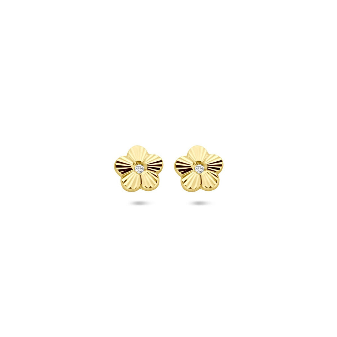 14k Geelgouden oorknoppen met bloem en zirkonia – 6,5 x 6 mm