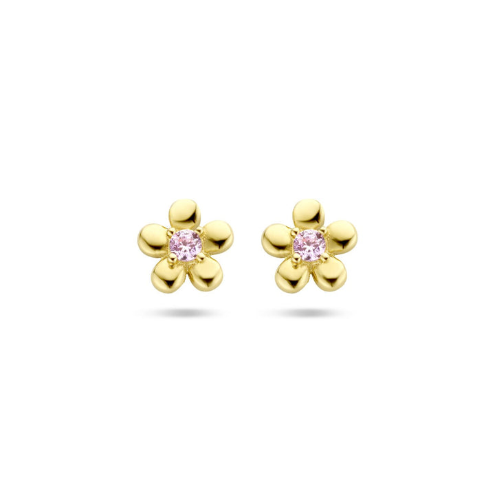 ear studs flower pink zirconia 14K yellow gold