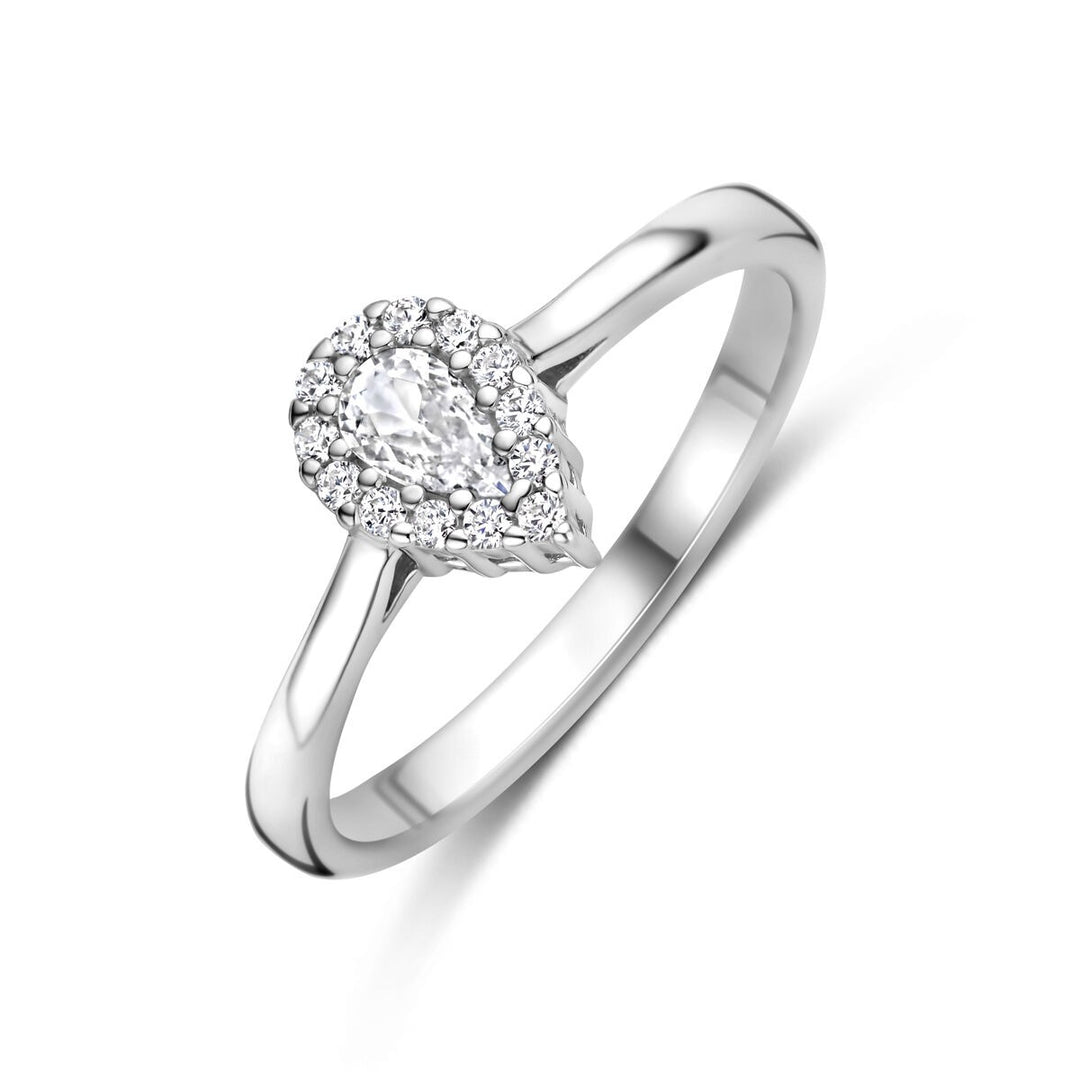 Zilveren dames ring met peer geslepen zirkonia en entouragezetting