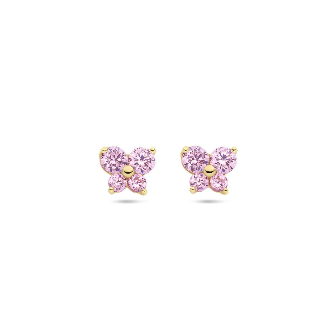 ear studs butterfly pink zirconia 14K yellow gold