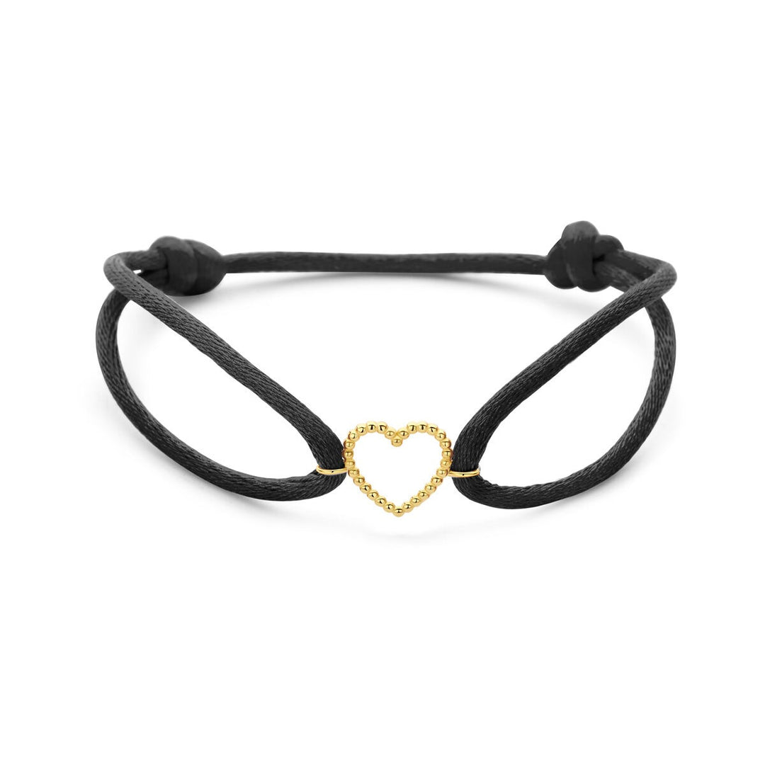 Zwart satijnen armband met 14k gouden hartje