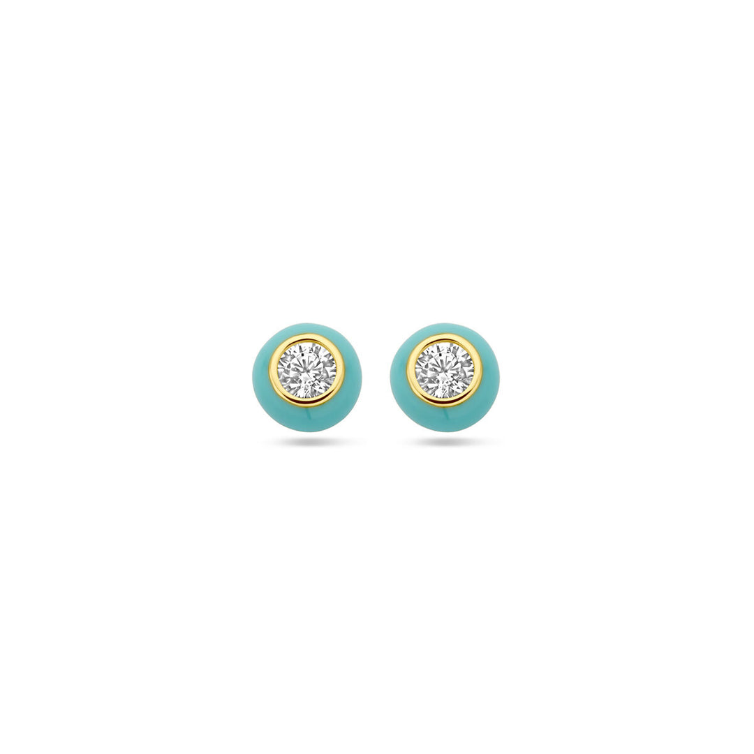 ear studs turquoise enamel and zirconia 1 micron silver gold plated (yellow)