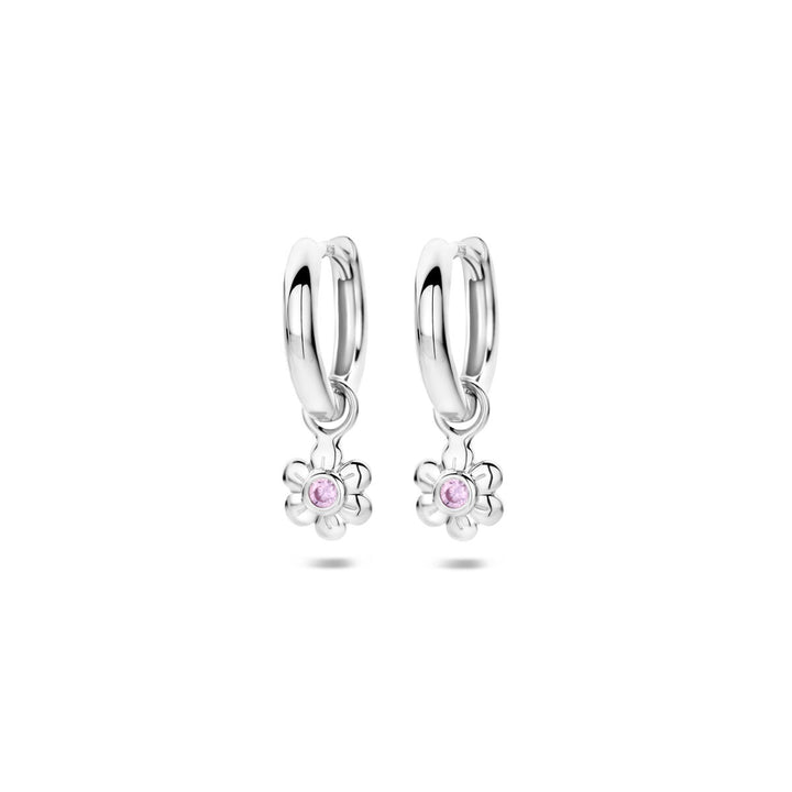 earrings flower pink zirconia silver rhodium plated