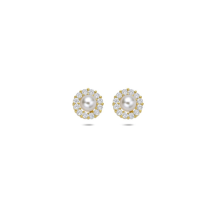 ear studs pearl and zirconia 14K yellow gold