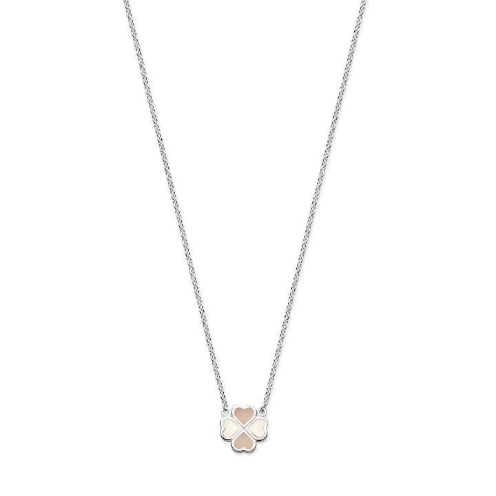 Zilveren klaver ketting met roze en wit parelmoer – gerhodineerd