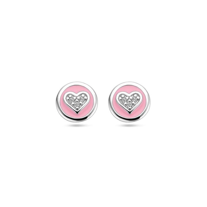 ear studs heart zirconia and pink enamel silver rhodium plated