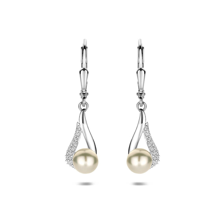 Zilveren oorhangers met parel en zirkonia – gerhodineerd 925 zilver 30 mm