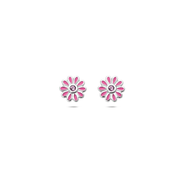ear studs flower pink zirconia silver rhodium plated