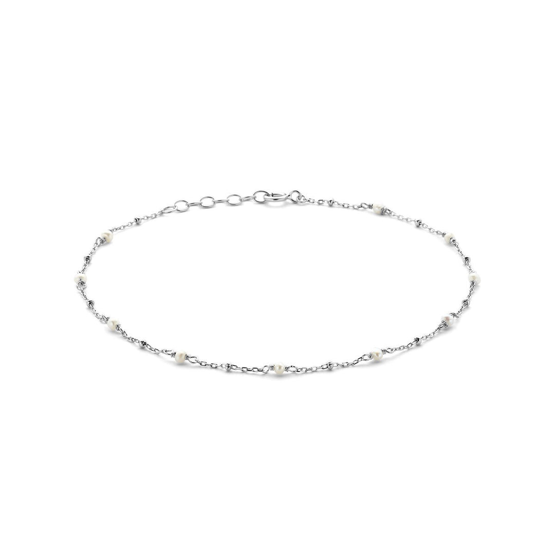 Zilveren enkelbandje met witte parel – gerhodineerd 925 zilver, 24–26 cm