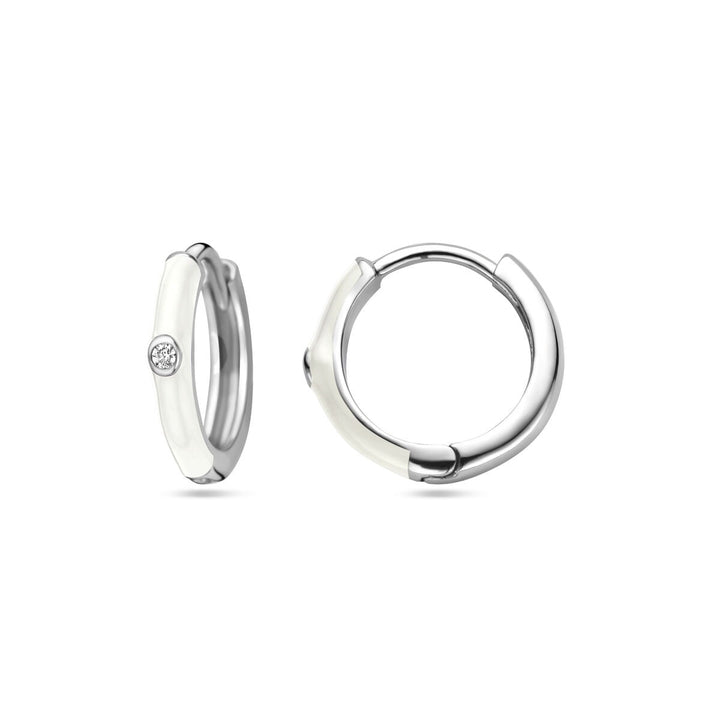 Zilveren dames klapoorringen met zirkonia en wit emaille – gerhodineerd 15 mm
