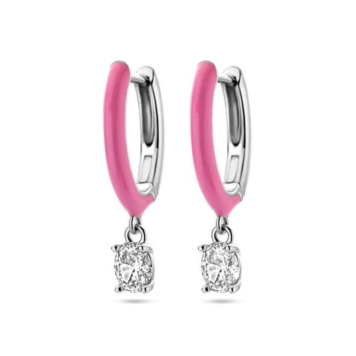 drop earrings zirconia and pink enamel silver rhodium plated