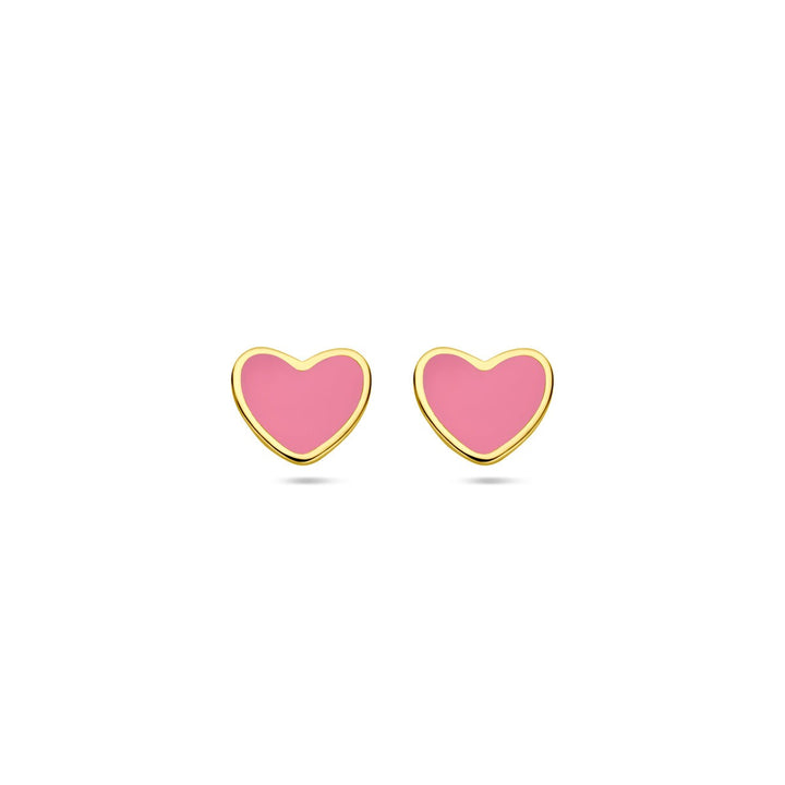 ear studs heart pink epoxy 14K yellow gold