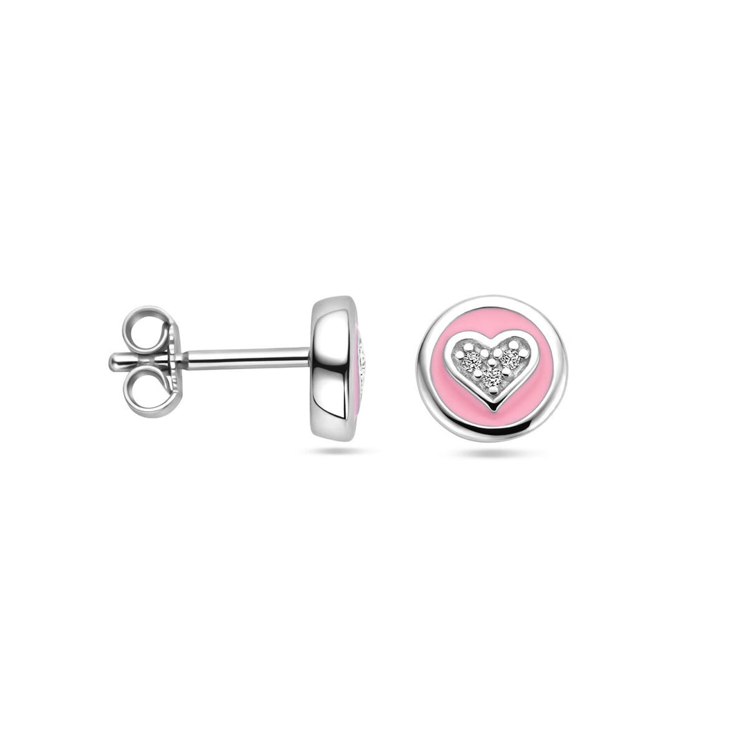 ear studs heart zirconia and pink enamel silver rhodium plated